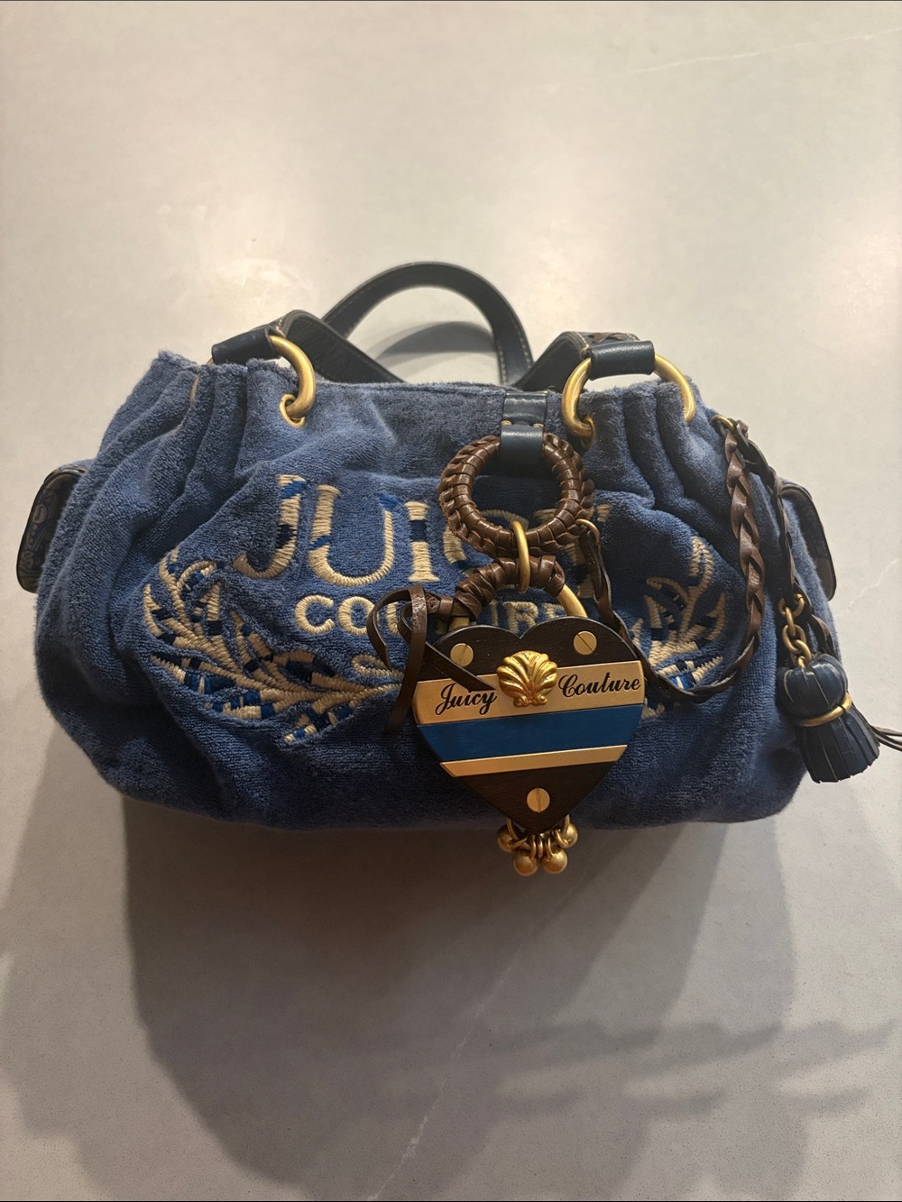 *VINTAGE* Juicy Couture Blue Terry Cloth Shoulder Bag with Heart Charm